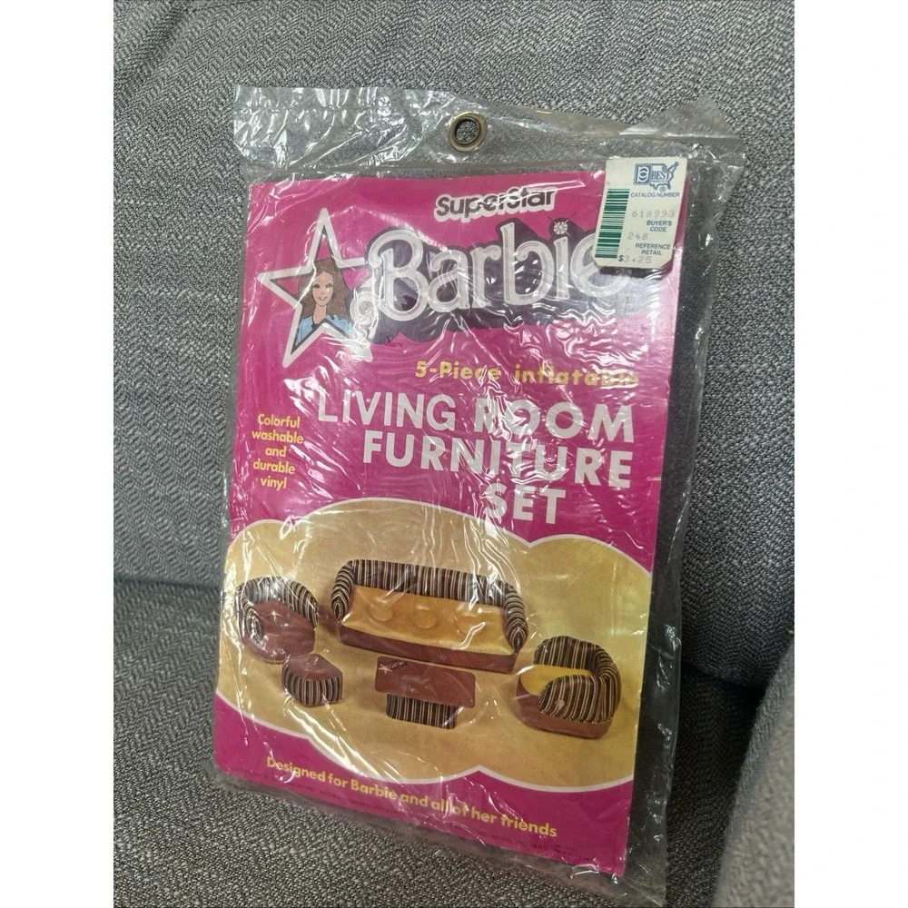 Barbie Superstar Inflatable Living Room Furniture Set Brown Yellow Stripe New